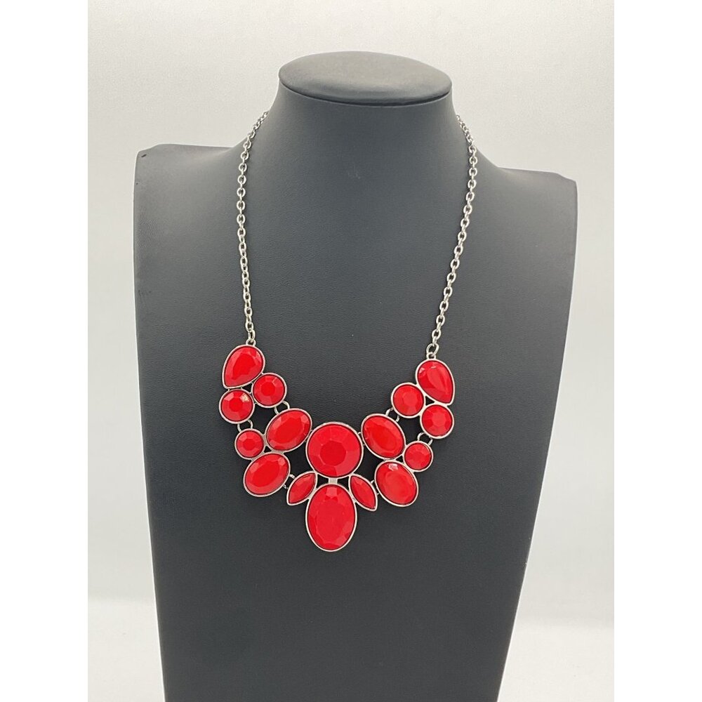 Red Statement Necklace With Oval Resin Stones & Silver Chain Lobster Clasp